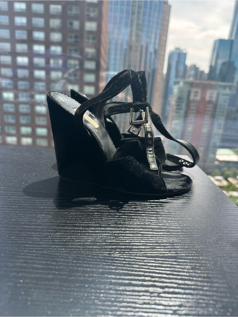 Prada Black Velvet Wedge Sandals - Women's Strappy Heels size 7/37